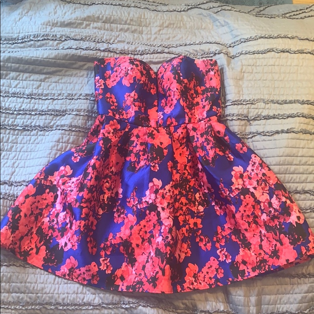 Cobalt blue and floral dress with mesh detailing